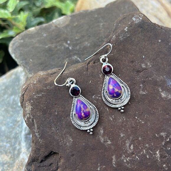 Thai Silver Purple Faux Turquoise Dragon Crystal Earrings Vintage Fashion - Picture 1 of 7